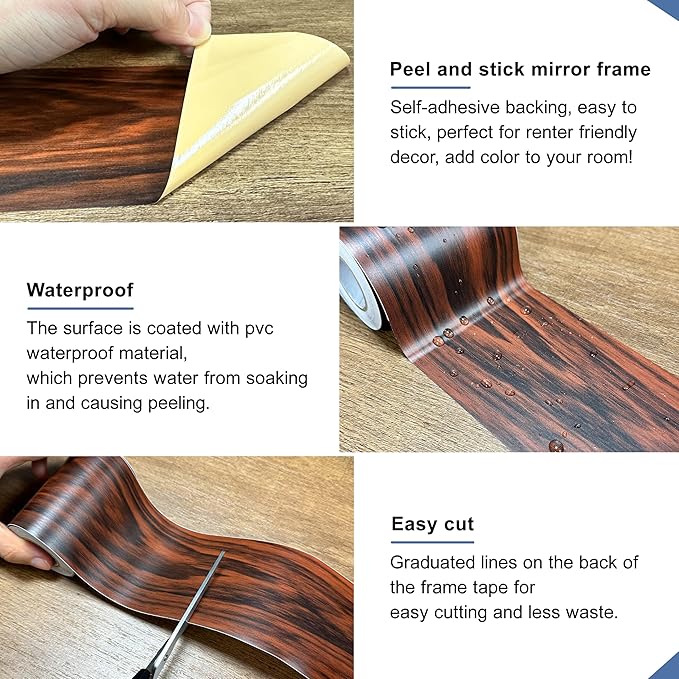 TIANLDD 27 FT Wood Grain Wallpaper Border, Removable Waterproof Mirror Border Peel and Stick,Bathroom Mirror Frame Border.(Dark Oak) - Image 4