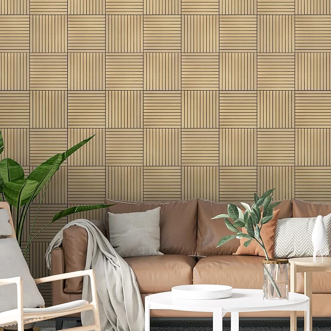 16-Pack Peel and Stick Acoustic Wall Panels, 11.8" x 11.8" PET Soundproof & Noise Cancelling Acoustic Felt, Self-Adhesive 3D Sound Absorbing Slat Wall Paneling for Interior Wall Decor, Natural Oak - Image 7