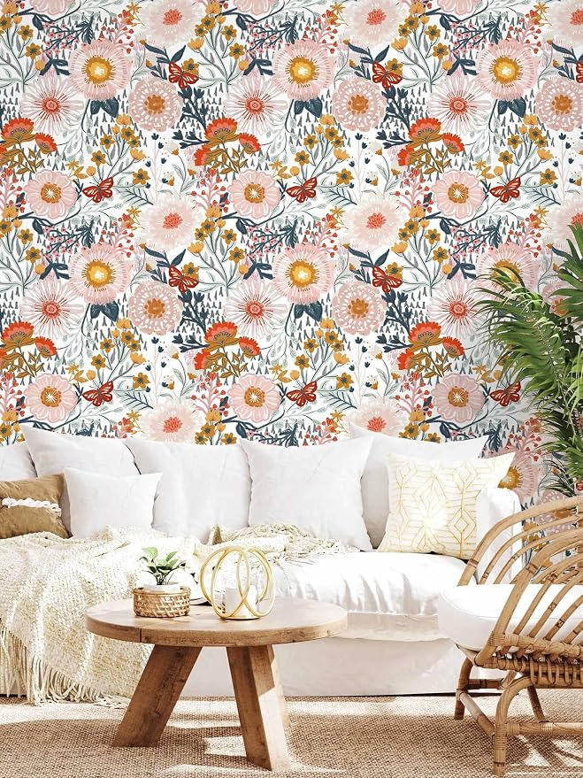 Dimoon Floral Wallpaper Peel and Stick Wallpaper Boho Retro Contact Paper 17.3''x385'' White Bohemian Vintage Removable Wall Paper Renter Friendly Waterproof Wall Mural Bedroom Bathroom Vinyl - Image 7
