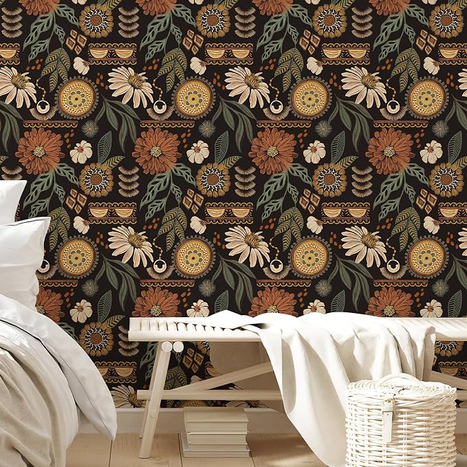Simon&Siff Boho Floral Wallpaper Peel and Stick 17.3" x 1200" | Sun Floral Retro Contact Paper Removable Self Adhesive Contact Paper, Renter Friendly for Cabinets, Furniture, DIY Decor - Image 4