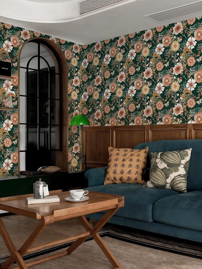 Dimoon Boho Retro Dark Green Wallpaper Peel and Stick Wallpaper Vintage Floral Contact Paper 17.3''x362'' Bohemian Removable Wall Paper Renter Friendly Waterproof Wall Mural Bedroom Bathroom Vinyl - Image 9