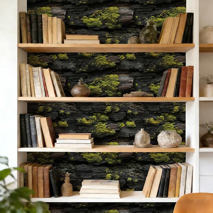 Brick Wallpaper Mossy Wood Peel and Stick Wallpaper | Black and Green Realistic Textured Bark Pattern Wallpaper Rustic Nature for Home Decor , Self-Adhesive, Waterproof Vinyl - Image 5
