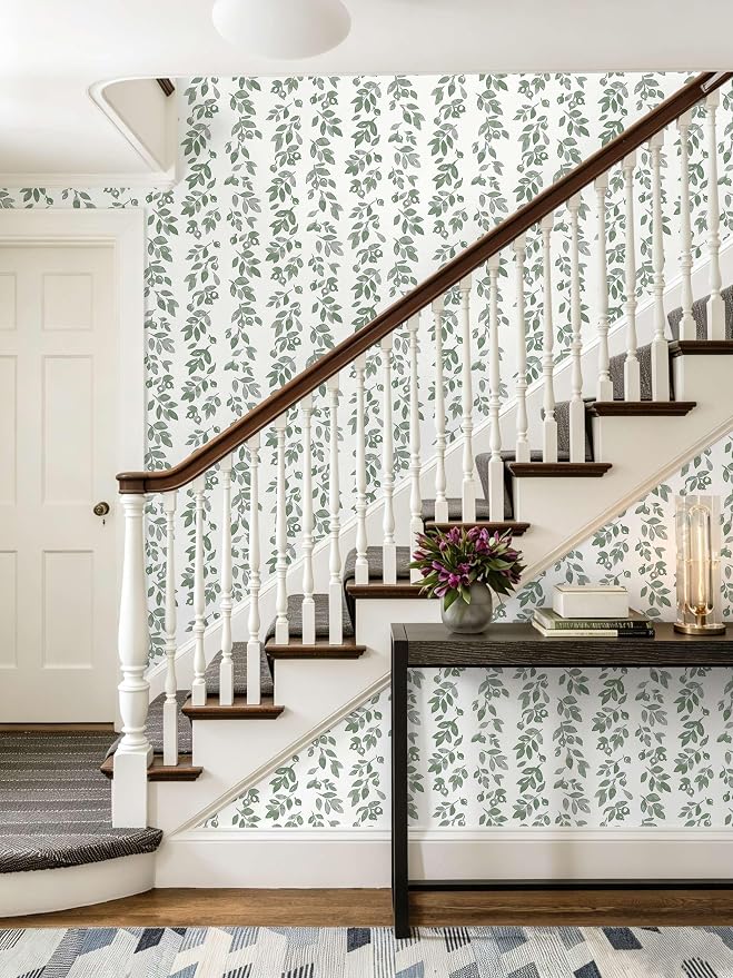 Ismoon Green Wallpaper Peel and Stick Vintage Wallpaper 17.3in x 28.21ft Green Leaf Contact Paper Vintage Cottage Wall Paper for Bedroom Bathroom Kitchen Nursery Removable Vinyl - Image 5