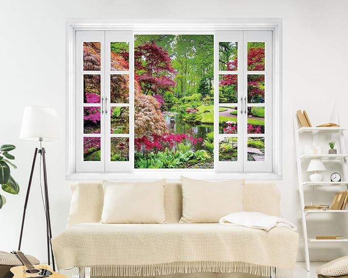 FLFK Fake Window Wall Mural - Garden View with Maple Treest Peel and Stick Decal, 80 x 60 inches, Set of 5 Sheets - Image 4