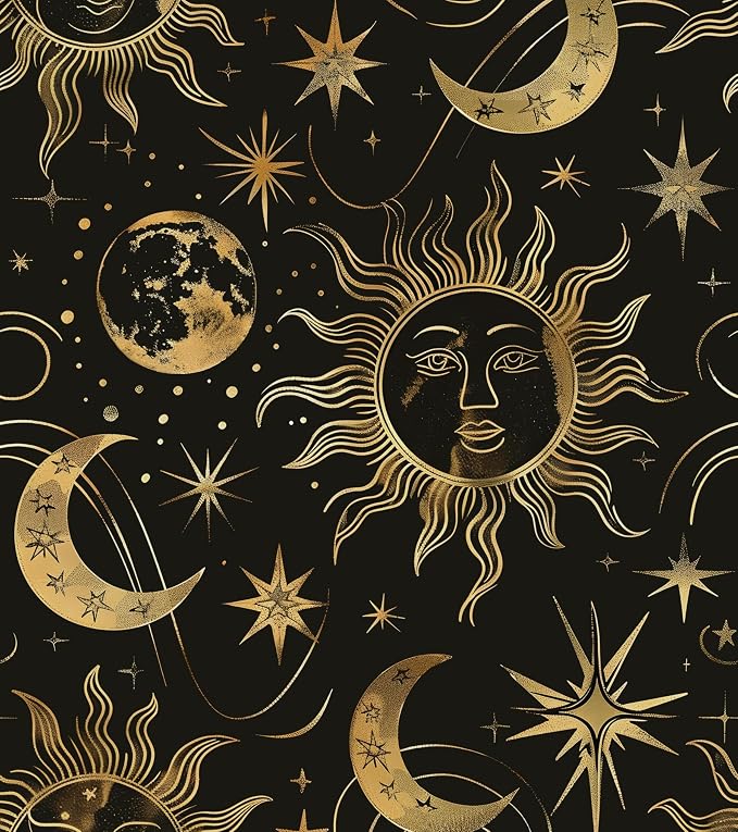 Laatse Celestial Sun Moon Wallpaper Peel and Stick 17.5"x 393",Black/Golden | Self Adhesive/Removable/Waterproof/Thick Vinyl Contact Paper for Bathroom Bedroom Shelf Cabinet Drawer,Prepasted,Easy Peel by Laatse