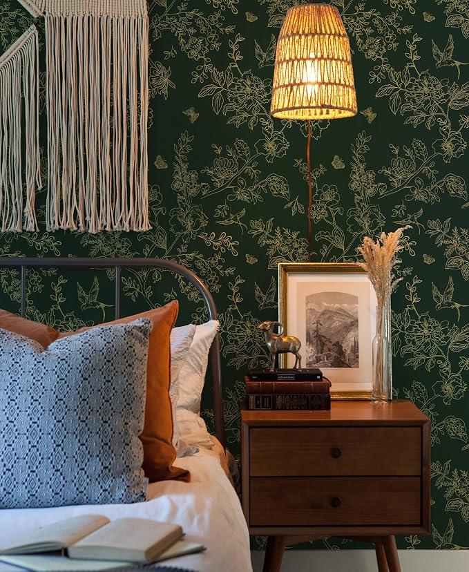 Froluya Green and Gold Peel and Stick Wallpaper for Bathroom 17.7in×118.1in | Dark Green Floral Wallpaper Vintage Contact Paper Peel and Stick Flowers Birds Removable Self Adhesive Cabinets Wall Paper - Image 9