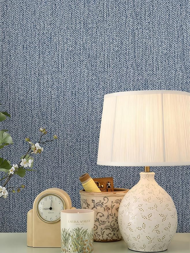 Grasscloth Peel and Stick Wallpaper Blue Contact Paper 16in x 197in | Faux Linen Vintage Wallpaper Textured Removable Wall Paper Grass Cloth Cabinets Bedroom for Cabinet Self Adhesive Vinyl - Image 6