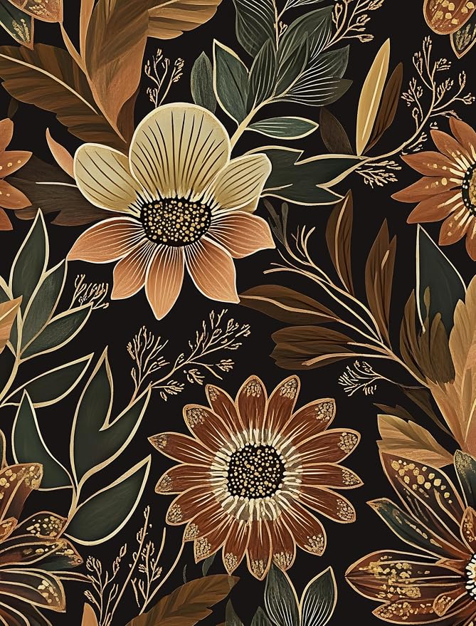 Laatse Boho Dark Black Gold Floral Wallpaper Peel and Stick 17.5"x197" | Self Adhesive/Removable/Waterproof/Thick Vinyl Contact Paper for Bathroom Bedroom Shelf Cabinet Drawer,Prepasted,Easy Peel by Laatse