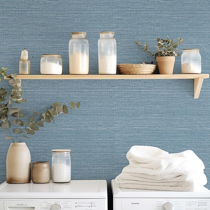 JiffDiff Grasscloth Wallpaper Peel and Stick Blue Grassweave Stick on Wallpaper Textured Self Adhesive Contact Paper 17.3"x118" - Image 5