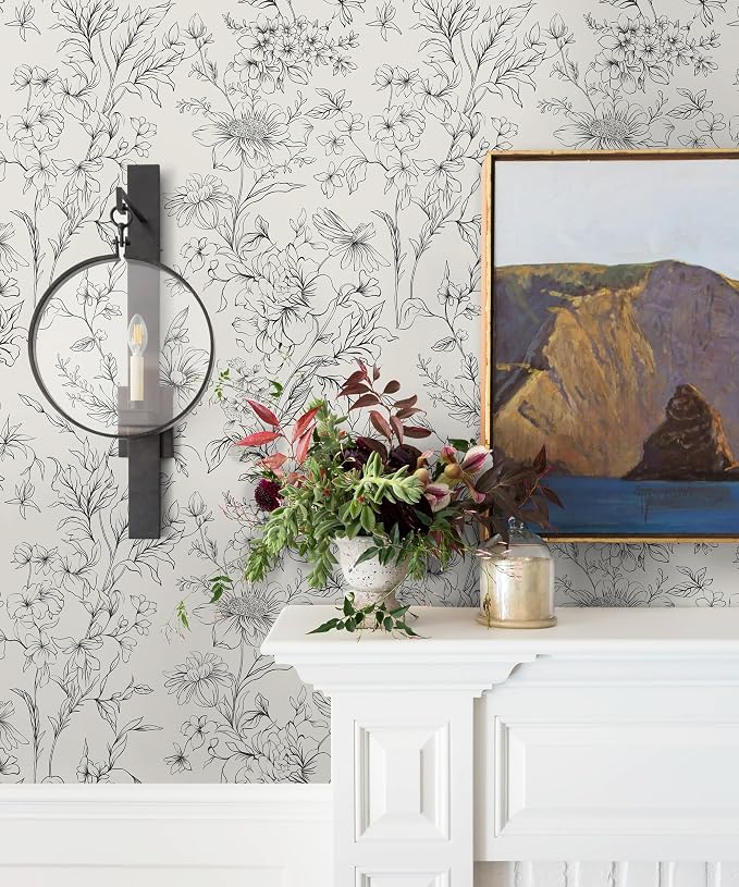 Hopepak Black and Cream White Wallpaper Floral Peel and Stick Wallpaper 17.3" x 78.7" Self Adhesive Removable Vintage Wall Paper for Bedroom Flower Boho Contact Paper for Cabinets Drawers Vinyl - Image 4