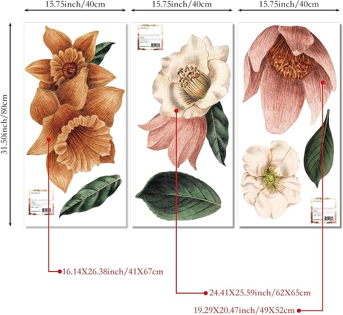 Fabric Peel and Stick Floral Wall Decal, Self-Adhesive Flowers Wallpaper, Wall Stickers for Living Room Bedroom Decor, Vintage Garden-3 PCs - Image 2