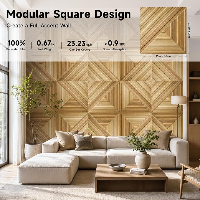 Acoustic Wall Panels, 6-Pack 23.62x23.62 in, Decorative Sound Absorbing Panels, Self-Adhesive for Wall/Ceiling, Noise Reduction Wall Art for Home Studio Office, Natural Oak - Image 3