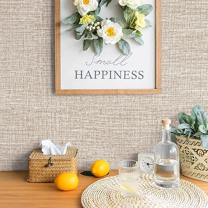 Khaki Grasscloth Peel and Stick Wallpaper 17.3"x300" Faux Linen Textured Contact Paper Removable Self Adhesive Vinyl Wallpaper for Bedroom Bathroom - Image 4