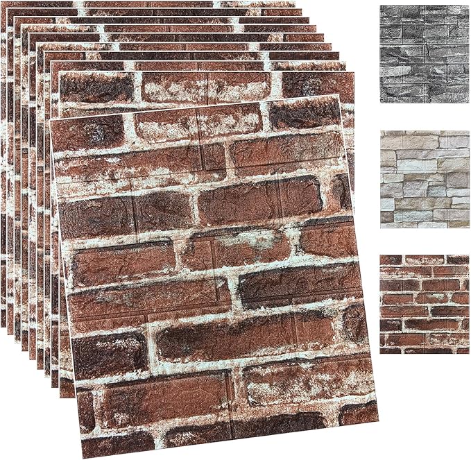20PCS 3D Wall Panels Peel and Stick Foam 3D Brick Wallpaper Peel and Stick Red Faux Stone Wall Panel Self-Adhesive Wallpaper (20PCS, Red) by YULI3DH