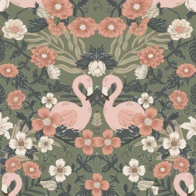 Heroad Vintage Peel and Stick Wallpaper Floral Flamingo Contact Paper Sage Green William Morris Wall Paper Removable Renter Friendly Wallpaper for Bedroom Nursery Farmhouse Vinyl Rolls 17.3''X 196'' by HeroadBrand