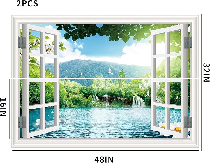 FLFK Fake Window Wall Sticker - Landscape Faux Window Wall Mural for Wall Decor, Stick and Peel Wall Decals,48"x32",Set of 2 Sheets - Image 4