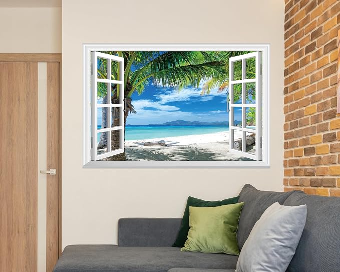 FLFK Fake Window Wall Mural - Beach Palm Trees Faux Window Wall Sticker for Wall Decor, Stick and Peel Wall Decals,48"x32",Set of 2 Sheets - Image 4