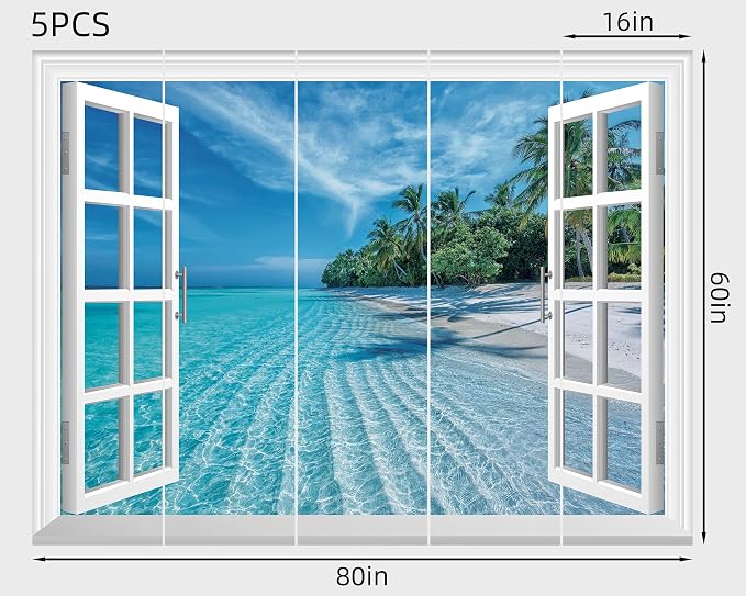 FLFK Fake Window Wall Mural - Summer Beach Faux Window Wall Decal for Wall Decor, Peel and Stick Wall Sticker,80"x60",Set of 5 Sheets - Image 2