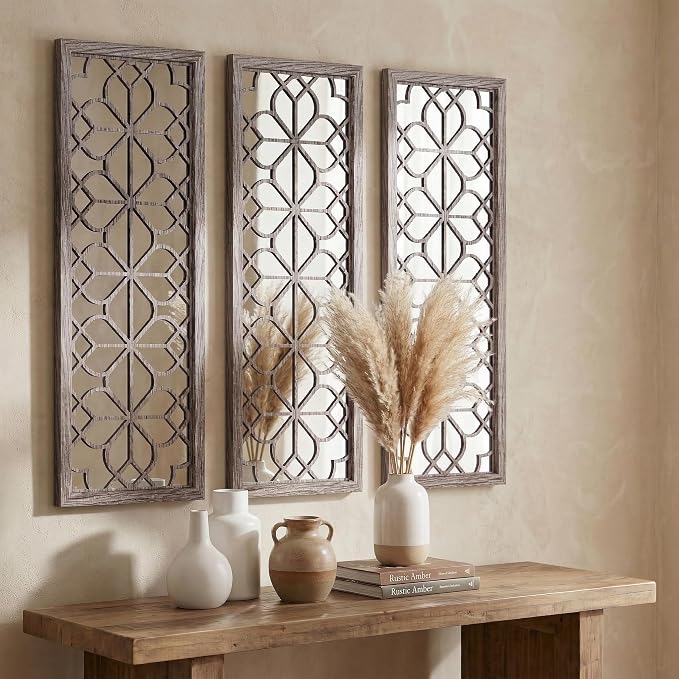 Set of 2 16x41.5 Inch Large Carved Floral Wood Frame Wall Mirrors, Shatterproof Boho Farmhouse Rustic Accent Mirrors for Living Room, Bedroom, Bathroom, Entryway & Home Wall Decor （Brown） by HMANGE