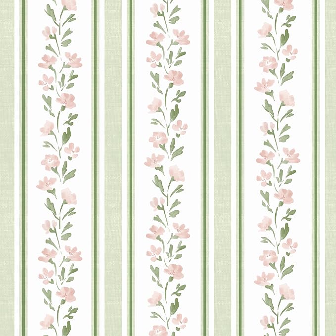 Safiyya Wallpaper Peel and Stick Stripe Floral Wall Paper Removable Green Pink Contact Paper 17.7''x78.7'' Waterproof Self Adhesive Vinyl Boho Wallpaper for Bedroom Living Room Decor by SAFIYYA