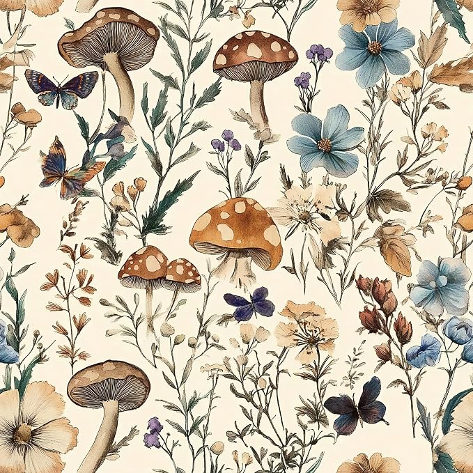 Froluya Mushroom Wallpaper Peel and Stick Vintage Floral 16.9" x 393.7" | Boho Floral Contact Paper Peel and Stick Mushroom Forest Self Adhesive Removable Wall Paper for Bathroom Cabinets Liner Vinyl by Froluya