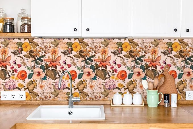 Jeweluck Floral Peel and Stick Wallpaper Vintage Floral Contact Paper Peel and Stick 16.9”x118.1” Poppy Flower Wallpaper Boho Leaf Wall Paper Removable Self Adhesive Decorative for Cabinets Vinyl - Image 9