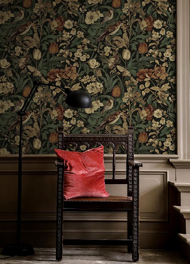 Erfoni Bird Floral Peel and Stick Wallpaper Vintage Contact Paper for Walls | 17.3" x 394" Floral and Leaf Self Adhesive Wallpaper Retro DIY Removable Decorative Wallpaper for Livingroom Vinyl Roll Dark - Image 6