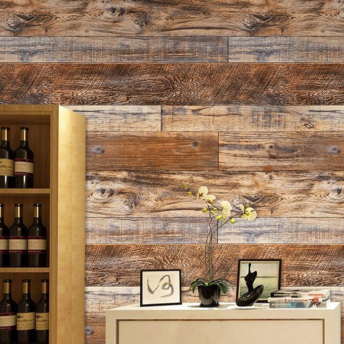 WENMER 11.8" x 197" Brown Wood Wallpaper Peel and Stick Wallpaper Shiplap Self Adhesive Wall Paper Wood Contact Paper for Cabinet Countertop Shelf Drawer Wall Door - Image 4