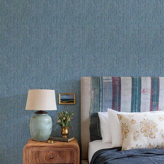 JiffDiff Woven Wallpaper Peel and Stick 17.3" x 800" Colorful Paint Grasscloth Contact Paper Textured Waterproof Self Adhesive Stick on Wallpaper(96 sq.ft Dark Blue) - Image 5