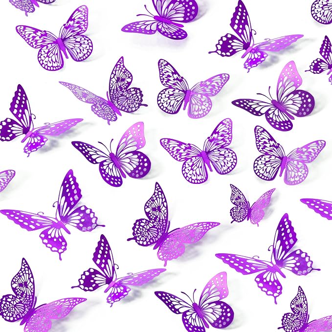 SAOROPEB 3D Butterfly Wall Decor 48 Pcs Purple Butterfly Decorations | 4 Styles 3 Sizes, Birthday Decorations Butterfly Party Decorations Cake Decorations, Removable Stickers by SAOROPEB