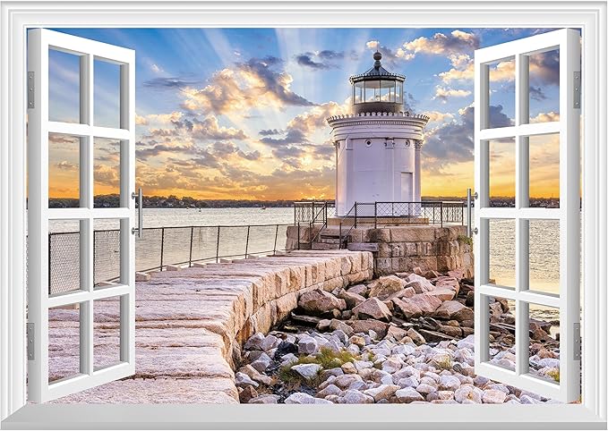 FLFK Fake Window Wall Mural - Shoreline Lighthouse Faux Window Wall Sticker, Stick and Peel Wall Decals, 48"x32", Set of 2 Sheets by FLFK