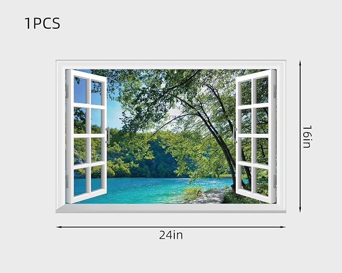 FLFK Fake Window Wall Sticker - Lakes in The Jungle Faux Window Wall Mural for Wall Decor, Stick and Peel Wall Decals,24"x16" - Image 2