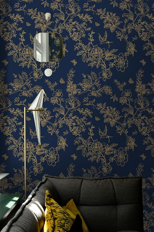 Froluya Dark Blue Peel and Stick Wallpaper Vintage Floral 17.7in×393.7in | Navy Blue and Gold Floral Self Adhesive Wall Paper Dark Birds Removable Decorative Contact Paper for Bathroom Cabinets Vinyl - Image 8