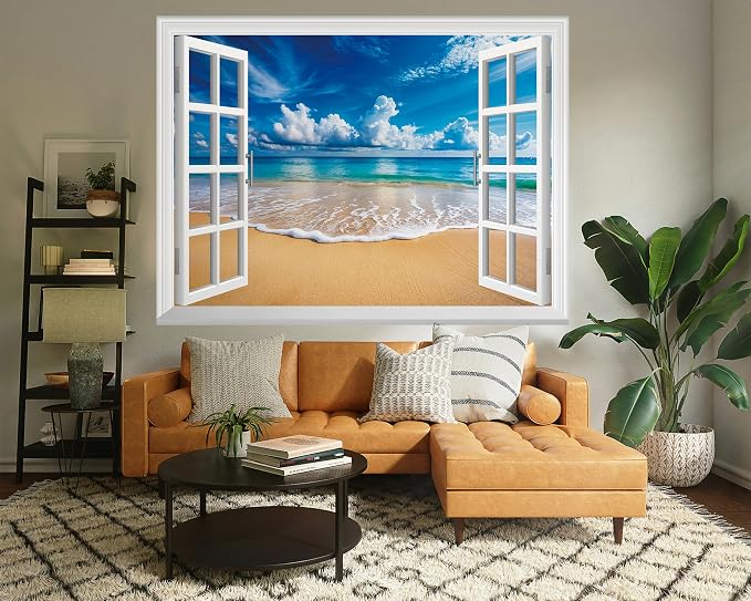 FLFK Fake Window Wall Mural - Ocean Beach Faux Window Wall Decal for Wall Decor, Peel and Stick Wall Sticker,80"x60",Set of 5 Sheets - Image 6