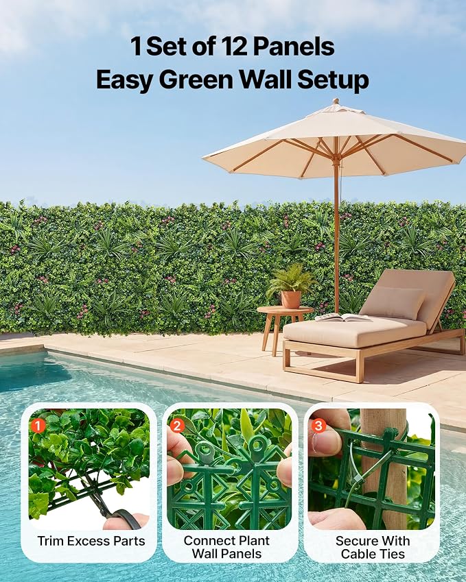 VEVOR Artificial Plant Wall, 12PCS 20 x 20 in Artificial Boxwood Panels, Greenery Backdrop Privacy Hedge Fence with Sun Protection, Fake Grass Wall Screen for Wedding, Indoor, Garden，Mixed Leaf - Image 4