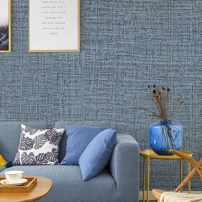 Blue Gray Grasscloth Peel and Stick Wallpaper 17.3"x480" Faux Linen Textured Contact Paper Removable Self Adhesive Vinyl Wallpaper for Bedroom Bathroom Kitchen Cabinets - Image 5