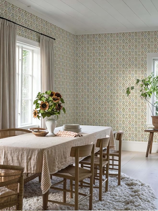 Dimoon Vintage Peel and Stick Wallpaper Retro Botanical Contact Paper Farmhouse Wallpaper Cottage Renter Friendly Removable Geometric Wall Paper for Bathroom Kitchen Textured Vinyl 17.3''x197'' - Image 4