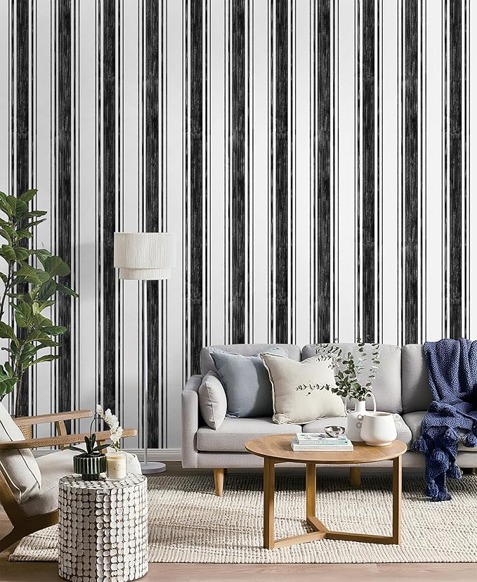 Safiyya Black and White Wallpaper Peel and Stick Hand-Painted Striped Contact Paper Modern Wall Paper Vinyl Self Adhesive Removable Wallpaper for Bedroom and Bathroom Kitchen 17.3"×78.7" - Image 2