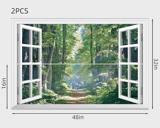 FLFK Fake Window Wall Mural - Road in The Forest Faux Window Wall Sticker for Wall Decor, Peel and Stick Wall Decals,48"x32",Set of 2 Sheets - Image 2