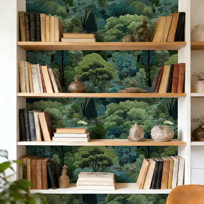 Serene Forest Stream Peel and Stick Wallpaper Forest | Green and Teal Art Deco Woodland Pattern Wallpaper for Home Decor | 17.7" x 118", Self-Adhesive, Waterproof Vinyl - Image 5