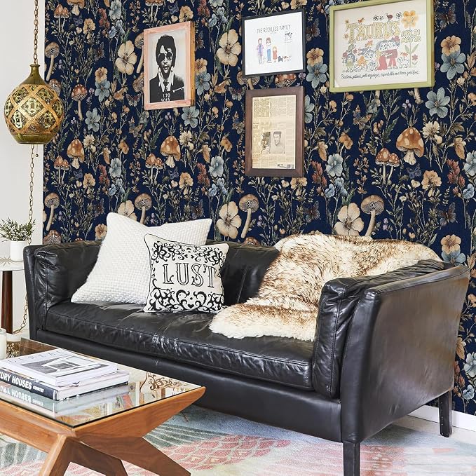 Froluya Mushroom Peel and Stick Wallpaper Dark Blue Floral 16.9" x 118.1" | Dark Floral Contact Paper Navy Blue Floral Wallpaper Vintage Boho Self Adhesive Removable Wall Paper Kitchen Bathroom Vinyl - Image 6