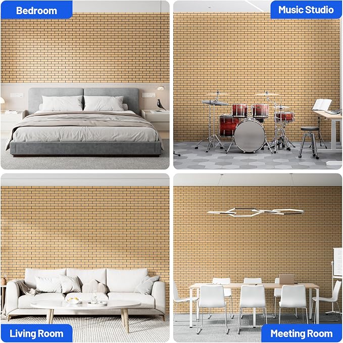 Self-Adhesive Acoustic Panels High Density Sound Proof Foam Panels for Wall | 16 Pack Brick Soundproof Wall Panels, 12" x 12" x 0.4" Sound Dampening Absorbing Panels for Home Studio Decor Office - Oak - Image 6