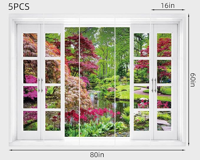FLFK Fake Window Wall Mural - Garden View with Maple Treest Peel and Stick Decal, 80 x 60 inches, Set of 5 Sheets - Image 2