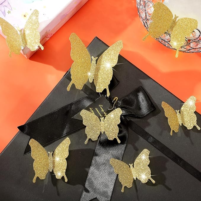 BBTO 48 Pcs 3D Butterfly Mirror Wall Decor,Glitter Gold | Butterfly Stickers,3 Sizes,for Birthday Party Cake,Room Nursery Bathroom Wall Decor,Removable Peel Stick,Reflective - Image 5
