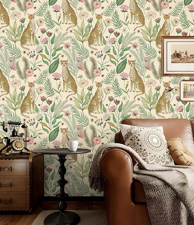 Floralplus Wallpaper Peel and Stick Removable Floral Cheetah Wallpaper Tropical Animal Jungle Leopard Wallpapers for Bedroom Boho Renter Friendly Self Adhesive Contact Paper 17.5 x 393 in - Image 2