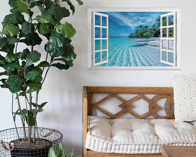 FLFK Fake Window Wall Decal - Summer Beach Faux Window Wall Mural for Wall Decor, Peel and Stick Wall Sticker,24"x16" - Image 4