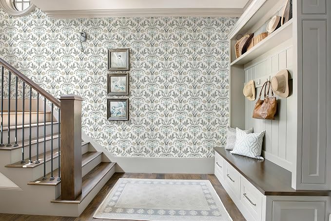 Dimoon Vintage Peel and Stick Wallpaper Boho Floral Leaf Contact Paper 197''x17.3'' Beige Grey Botanical Cottage Core Wallpaper Renter Friendly Damask Wall Paper for Bedroom Bathroom Decor Vinyl - Image 8
