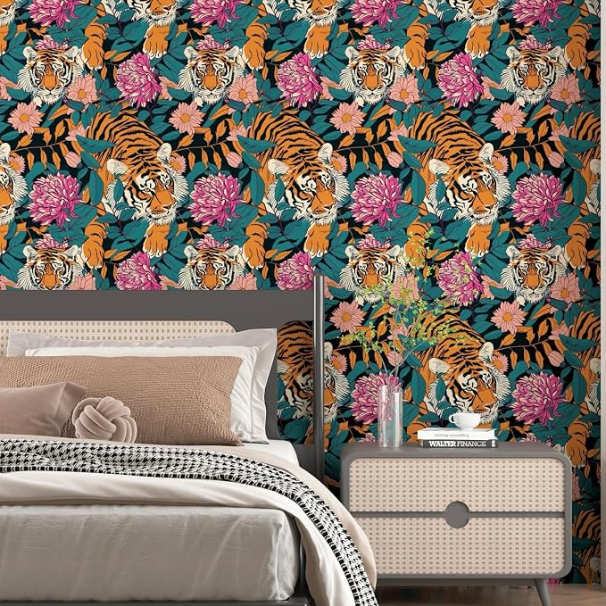 BOKEBEVE Tiger Floral Wallpaper Peel and Stick Vintage Orange 17.5 x 196In | Removable Self Adhesive Renter Friendly Jungle Tiger Wall Paper for Bedroom Bathroom Living Room Feature Accent Wall - Image 4
