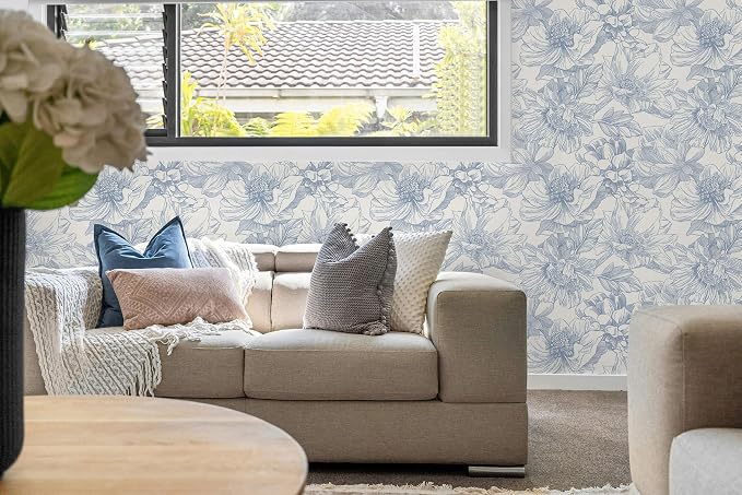 Ismoon Vintage Floral Wallpaper Peel and Stick Beige and Blue Contact Paper 17.3inx32.75ft Removable Self Adhesive Wall Paper for Bathroom Bedroom Cabinet Mural Wall Decor Vinyl Renter Friendly - Image 6