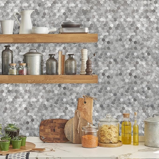 KASARO Peel and Stick Backsplash Tiles, 12" x 12" 3D Silver Hexagon Metal Mosaic Wall Panel, Self-Adhesive Waterproof Kitchen Backsplash for Bathroom, Fireplace, Living Room Decor, 8 Pack - Image 4